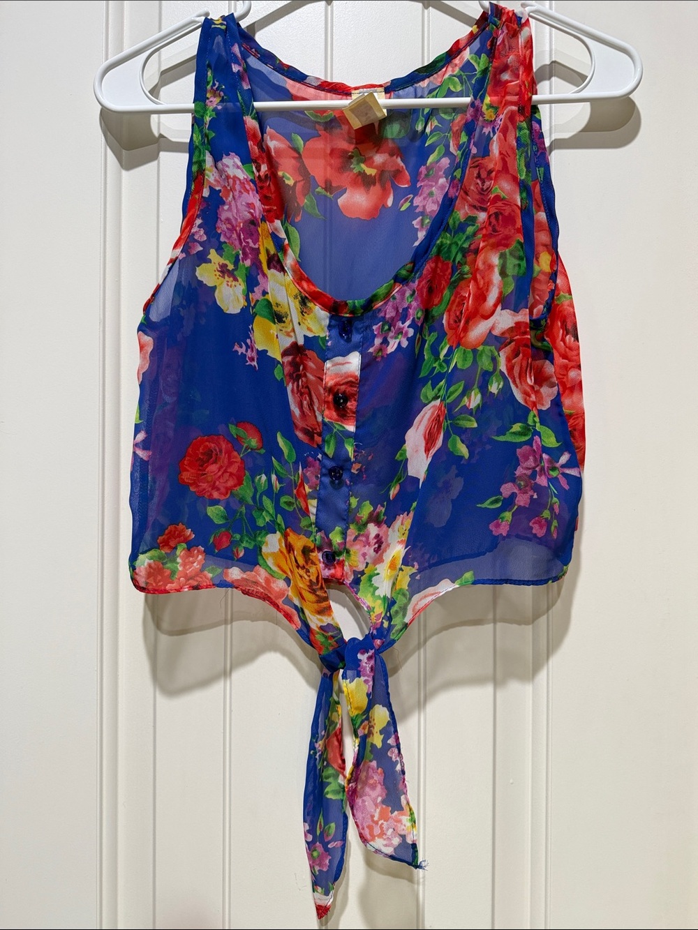 Floral Blue sheer juniors women's Sheer Tie-Front Top size small